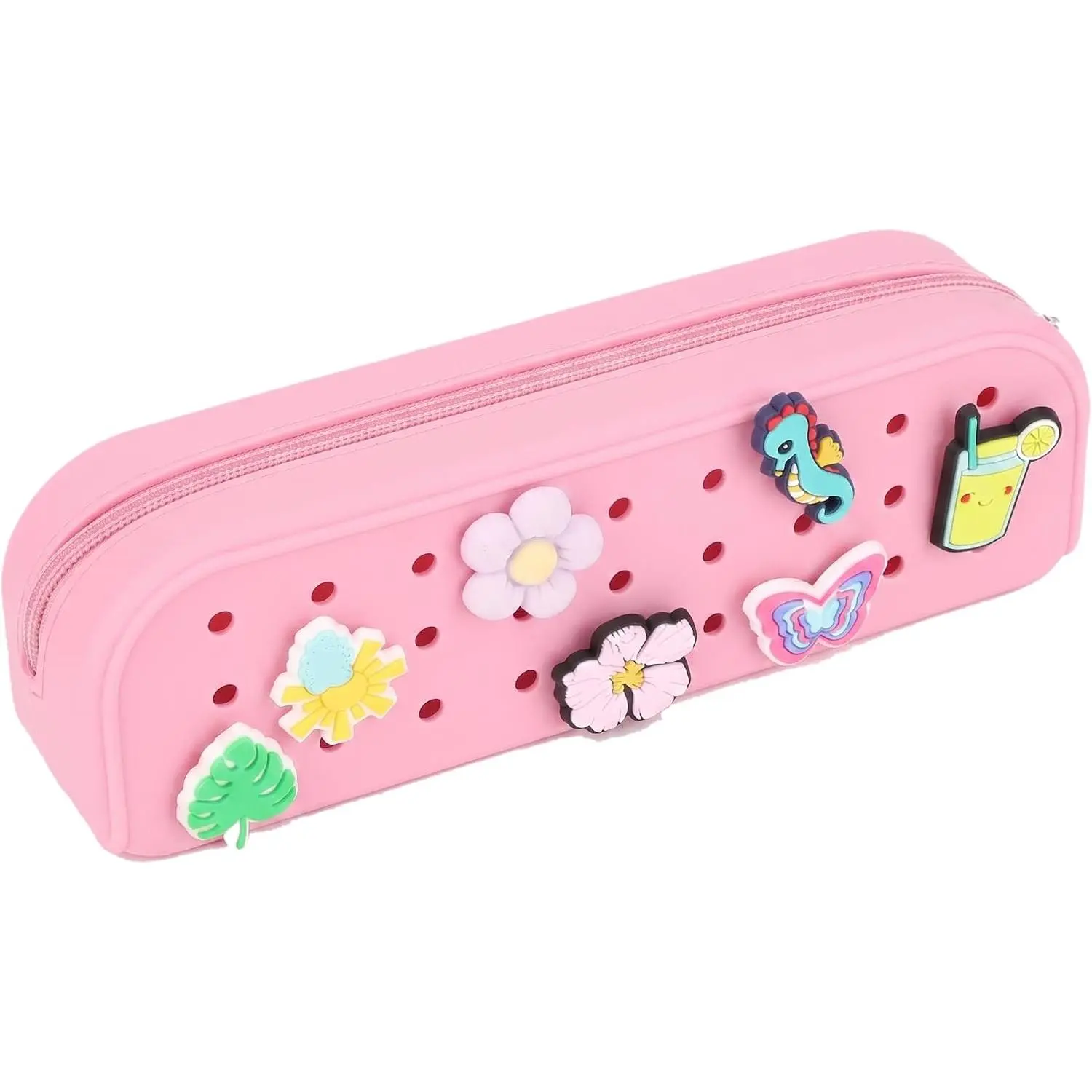 Mr. Pen- Small Silicone Pencil Case with DIY Holes and 20 Decorative Charms | Aesthetic Pencil Bag for Women, Makeup Pouch, Multifunctional Pouch for Stationery, Cosmetics