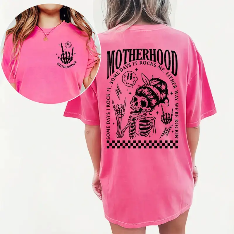 Motherhood Some Days I Rock It T-shirt, double printed skeleton tee, stylish mom life outfit, soft cotton womenswear, comfy fit, perfect gift for moms daily wear