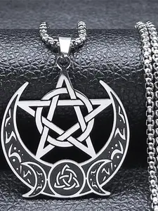 Witch Knot Pentagram Moon Goddess Necklace, Stainless Steel Wicca Crescent Moon Chain Collar, Fashion Jewelry Accessories for Women & Men, Cross Chain Design, Witchy Jewelry