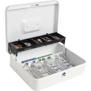 Cash Box with Money Tray and Key Lock, Large Money Box, 5 Compartments for Cions & 4 Spring-Loaded Clips for Bills, 11 4/5" x 9 2/5" x 3 1/2", White