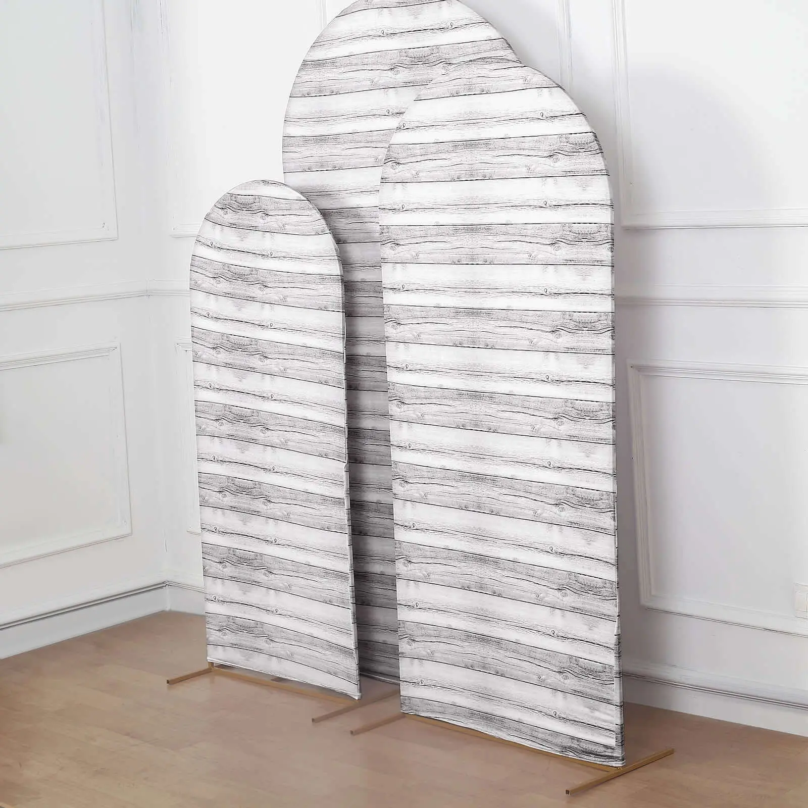 Set of 3 White Rustic Wood Plank Pattern Stretch Spandex Fitted Default Chiara Fabric Cover for Round Top Wedding Arch (5ft,6ft,7ft) - Wedding Arched Backdrop, Festive Backdrops & Banners