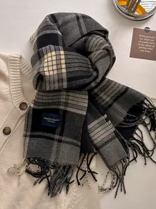 Autumn Winter Plaid Scarf with Long Fringe, Warm Fashion Street Style Design, Soft Comfortable Fabric, Perfect Daily Wear Choice, Casual Soft Shawl