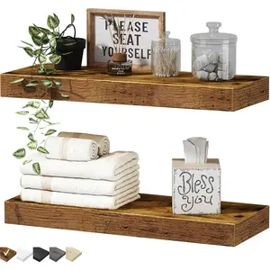 QEEIG Bathroom Floating Shelves for Wall 16 X 7 Inch Wall Mounted Shelf over Toilet Farmhouse Decor Small Set of 2, Rustic Brown (008-40BN) QEEIG
