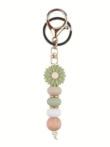 Bohemian Daisy Silicone Beaded Keychain, Metal Lobster Clasp Pendant, Teacher and Friend Gift, Back-To-School Gift, Floral Lady Keychain