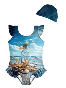 ✨Fresh Coastal Style Kids Swimsuit, Drift Bottle, Starfish & Shell Print Ruffle Sleeve, Perfect for Pool & Beach Fun
