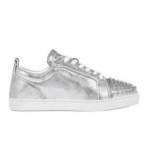Silver Glitter Low-Top Sneakers with Studded Spikes – Designer Athletic Shoes with White Sole and Metallic Finish