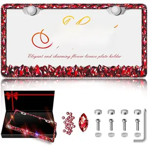 Bling License Plate Frame 1 Pack Rhinestone Bedazzled License Plate Over | Holder Sparkly  Stainless Steel Frame (CPJ-03-Red 1 Pack)