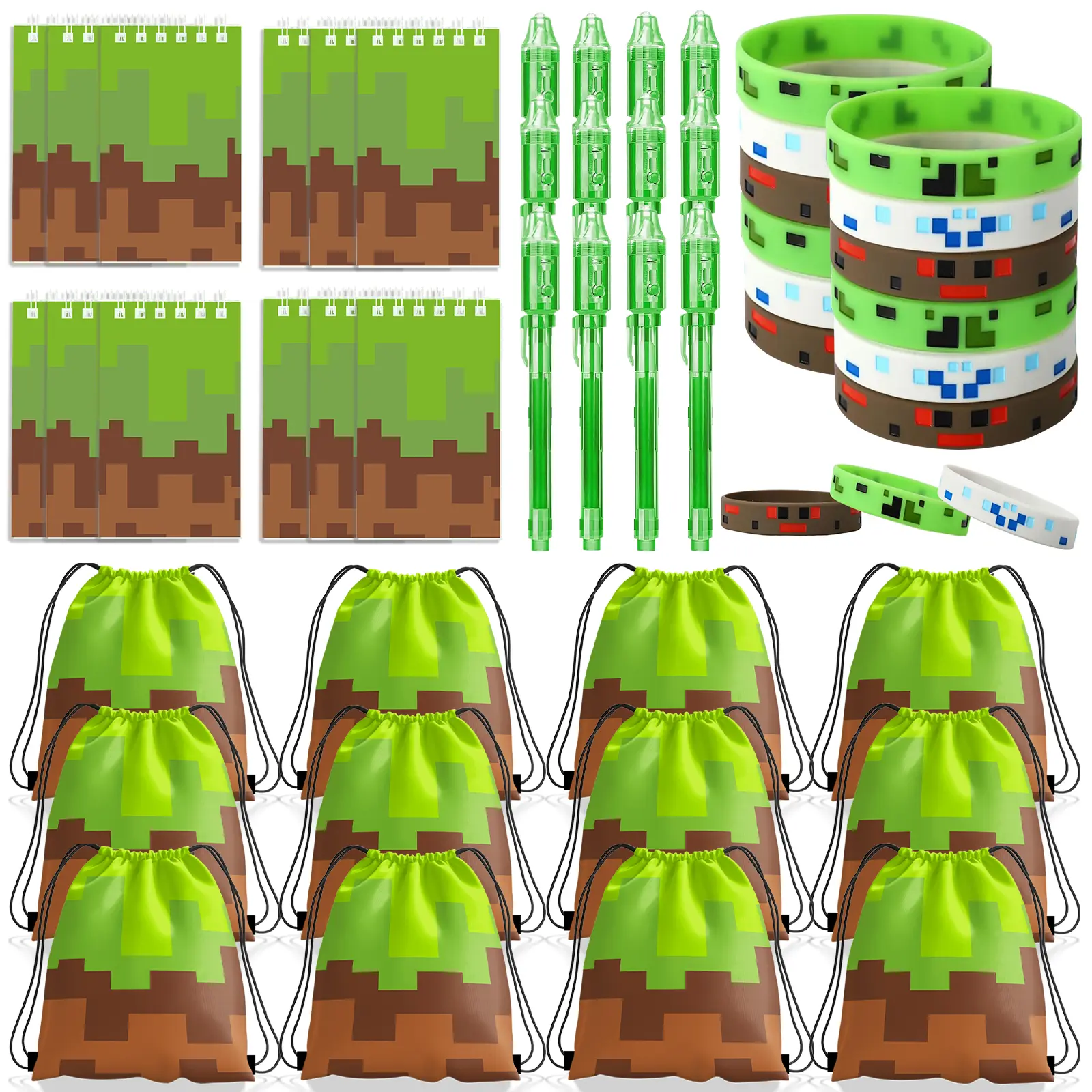 Miner Game Party Favors, Pixel Party Supplies, Pixel Theme Birthday Party Goodie Bag Stuffers, Include Drawstring Bags Notebook Silicone Bracelet Highlighter.