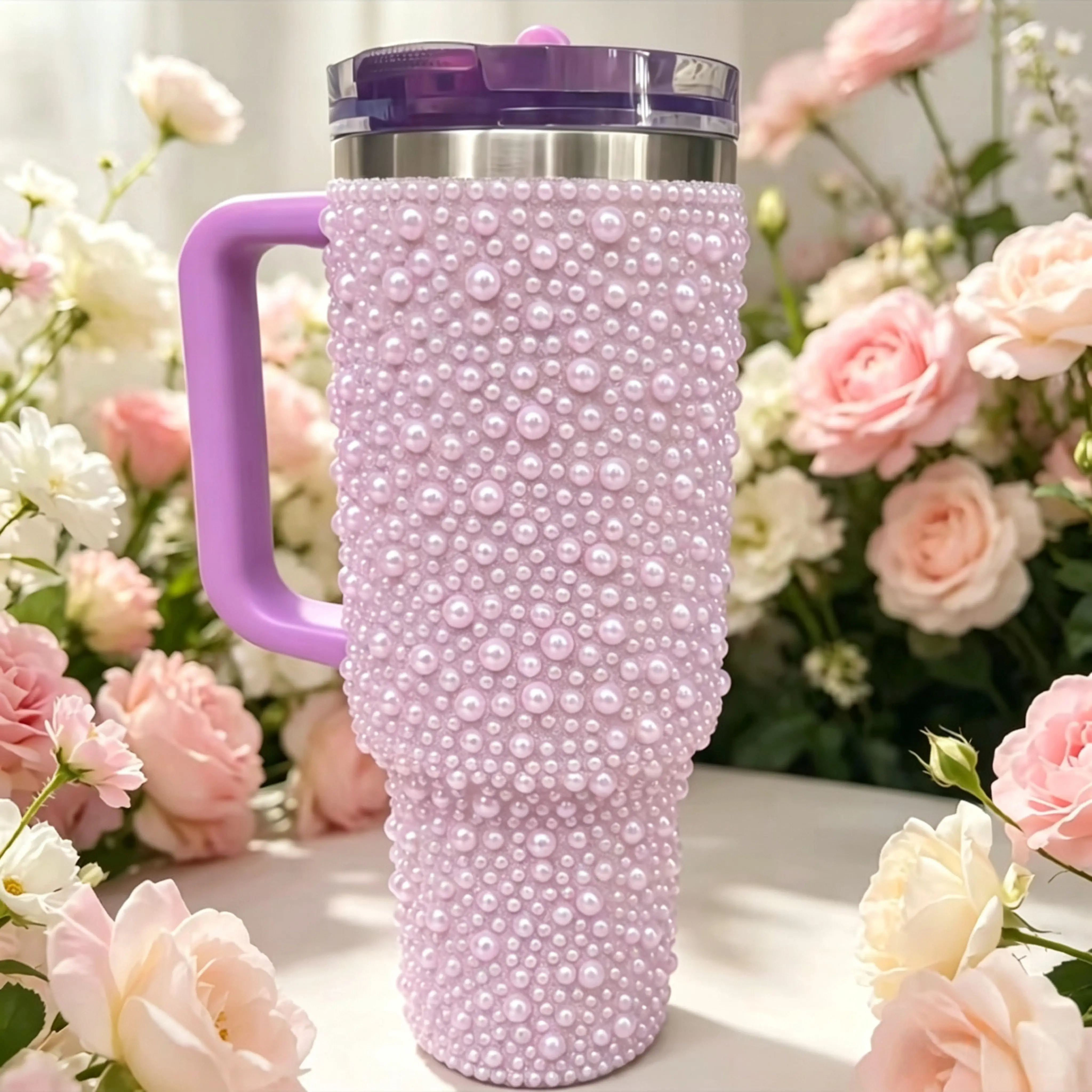 40Oz Purple Pearl Rhinestone Stainless-Steel Insulated Tumbler with Handle - Leak-Proof Stanley Cup Dupe, Sparkly Bling Travel Mug, Coquette Aesthetic Gift for Teen Girls, TikTok Viral Find