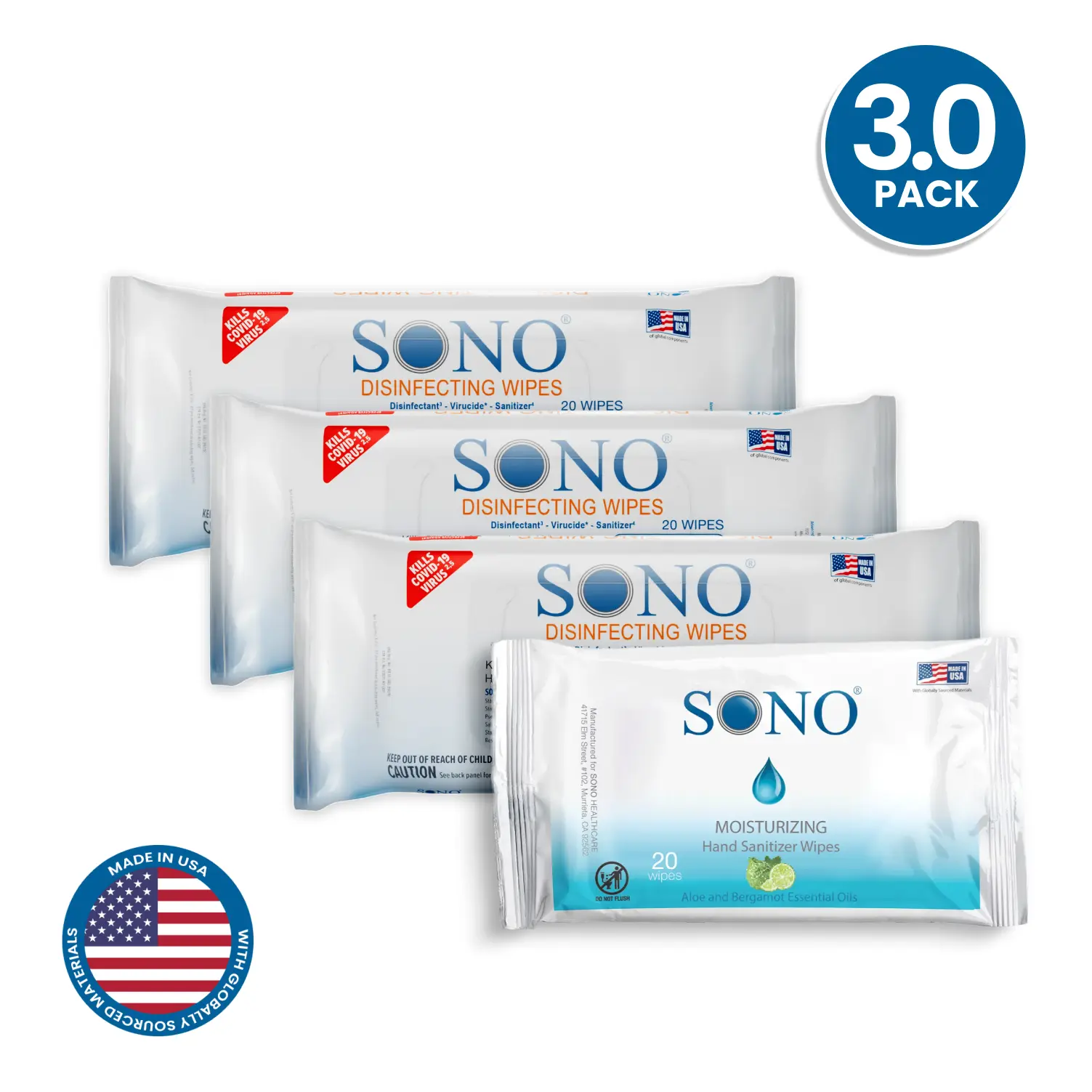 SONO Medical-Grade Disinfecting Wipes for Gym Equipment - 3-Pack Hand Wipes, Alcohol-Free, Bleach-Free, EPA-Registered, Made in USA