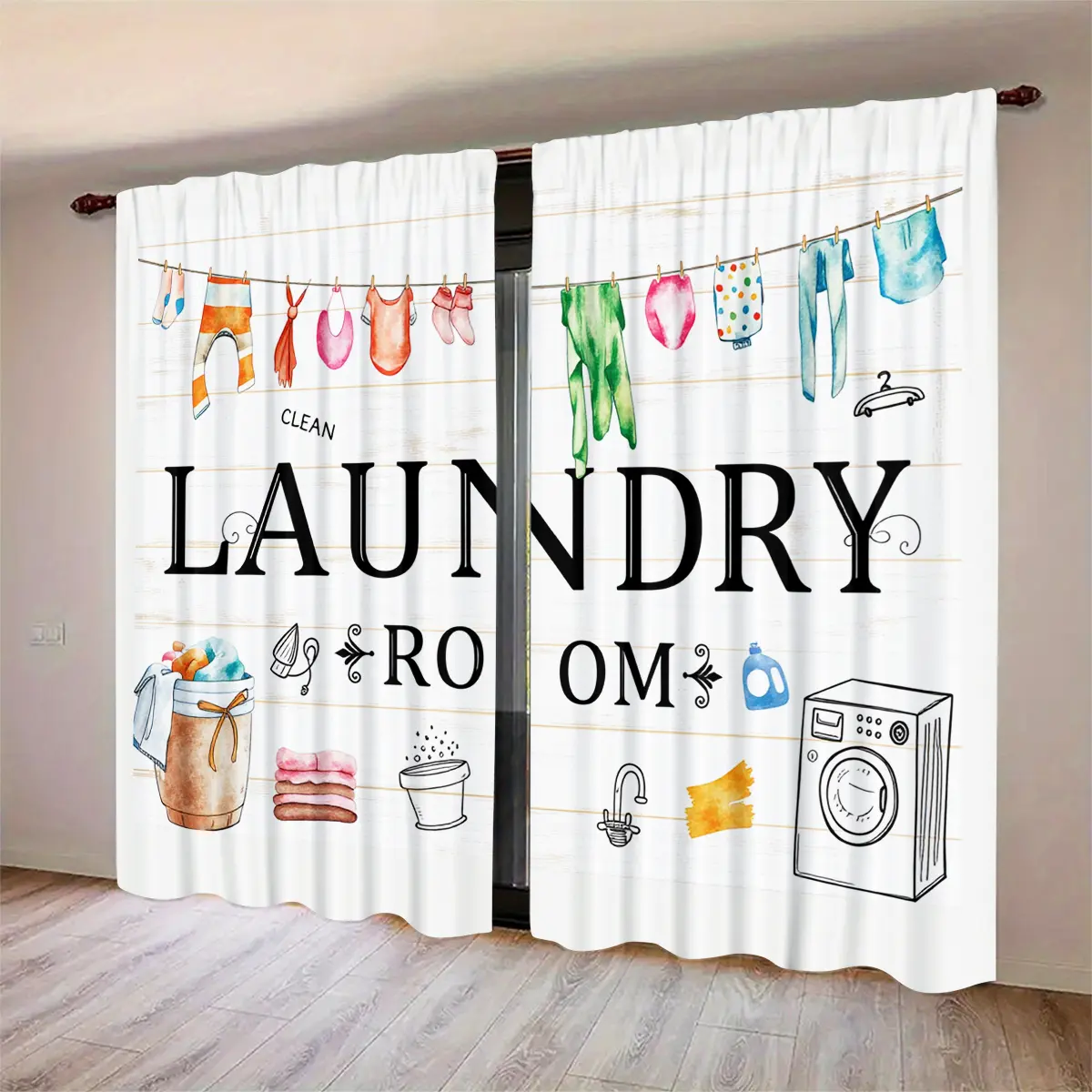 Cute Hand Drawn Laundry Element Curtain Set, Semi-Transparent Polyester, Rod Pocket Design, Home Decor, Bedroom and Living Room, Window Curtains