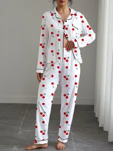 Women's Autumn Winter Pajama Set, Fruit Cherry Print, Casual Fitted Long Sleeve Top & Elastic Pants, Soft Stretchy Fabric