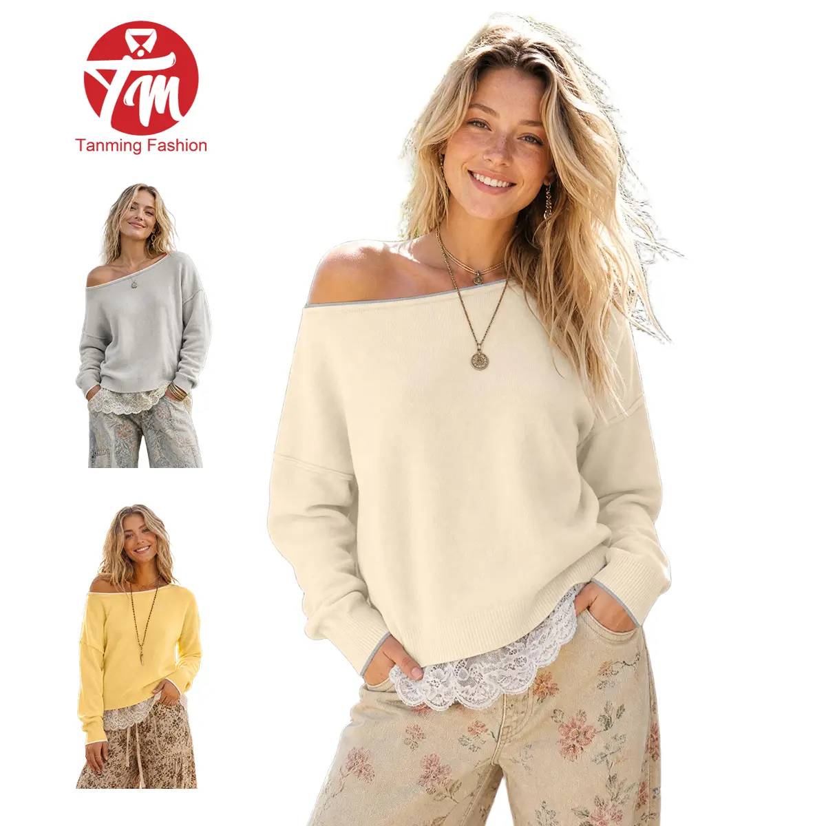 Tanming Women's Slouchy Off Shoulder Knit Sweater Loose Fit Contrast Trim Collar One Shoulder Pullover Tops Delicate Short Lace Hem Layered Casual Fall Boho Clothes