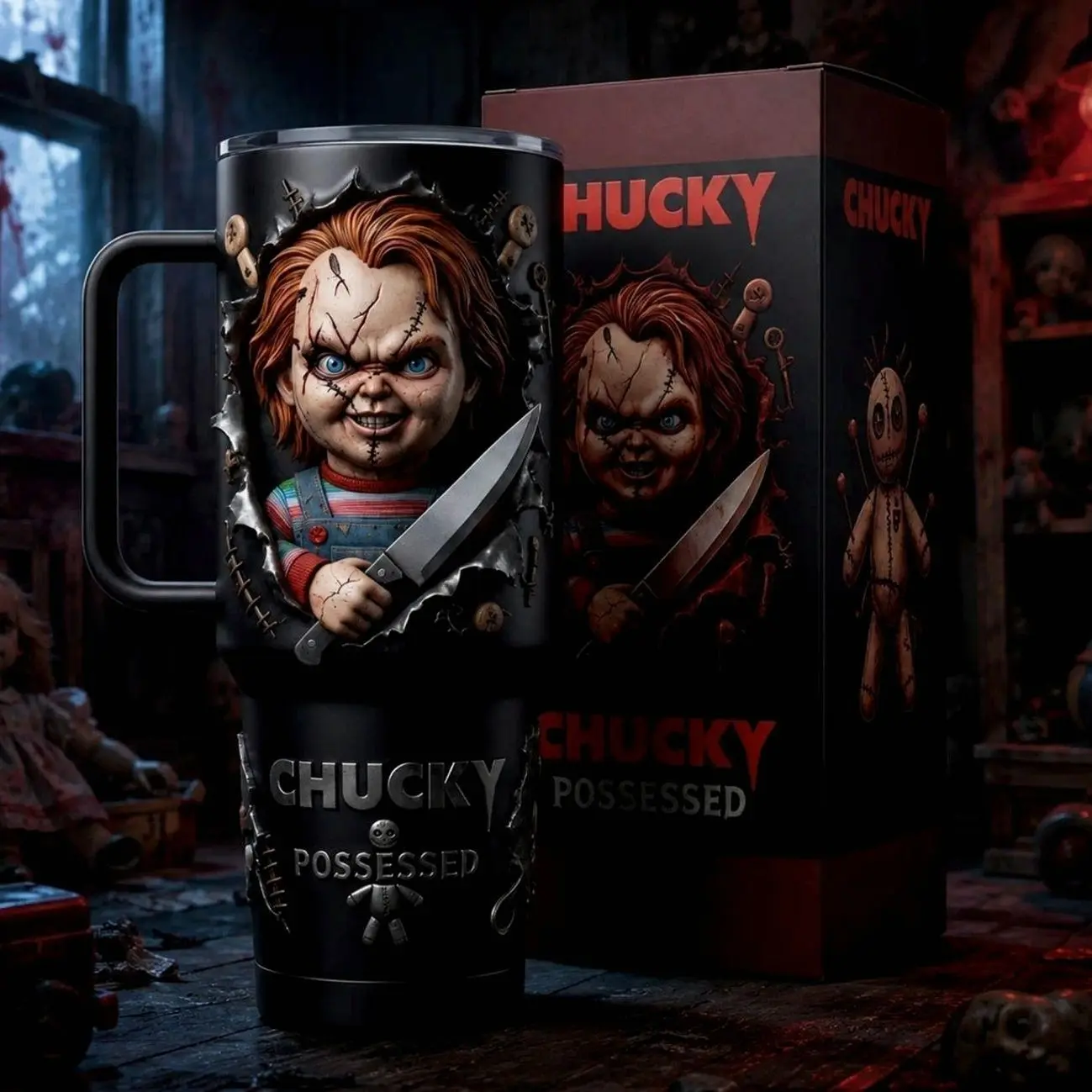 Chucky “Child’s Play” Movie Vintage Horror Aesthetic 40oz & 20oz Stainless Steel Tumbler with Handle – Killer Doll Insulated Mug, Chucky Fan Style Cup, Retro Slasher Design, Leakproof Travel Gift.