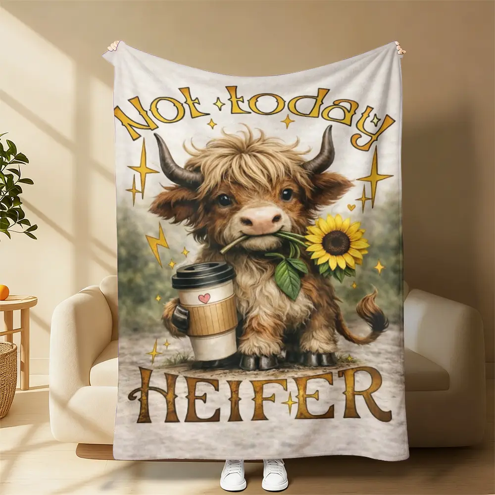 Fluffy Flannel Throw Blanket - Funny "Not Today Heifer" Highland Cow Print, Retro Farm Coffee Sunflower Graphic, Contemporary Home Decor, Home/Outdoor Use, Gift for Women Animal Enthusiasts (Other Special Features Included)