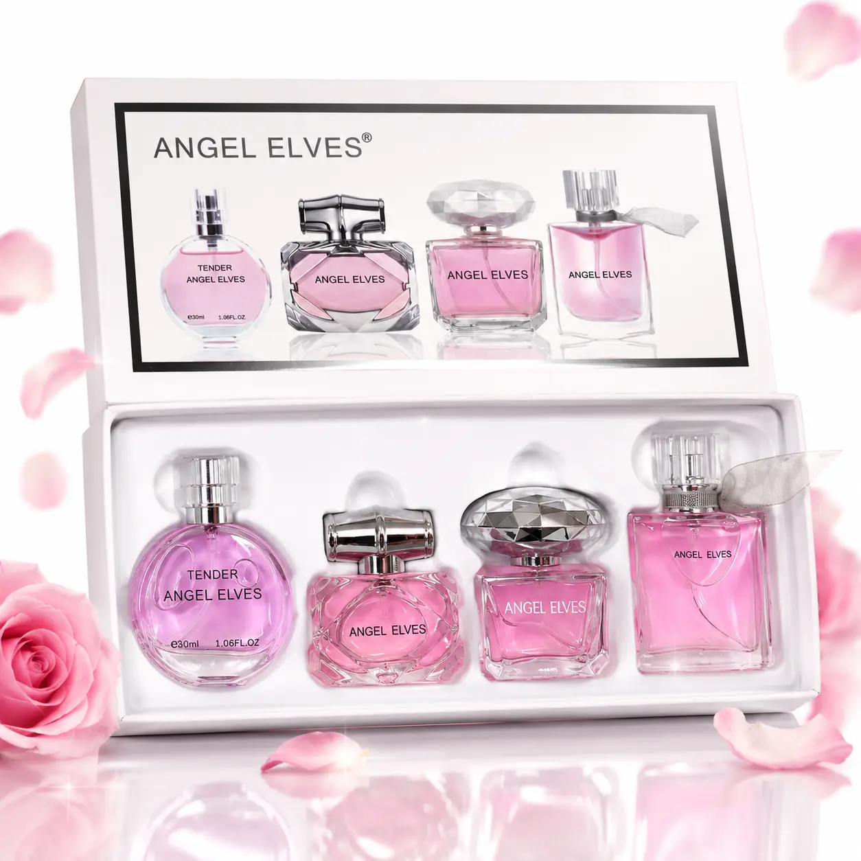 ANGEL ELVES Perfume Set 4pcs 30ml - Pink Floral Fragrance Gift Box for Women Girls, Long Lasting Scent Collection Perfect Gift