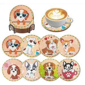 1Set Colorful Cute Dog Diamond Art Coaster Set with Holder, Acrylic Coasters with Cartoon Dog Designs and Metal Spiral Stand DIY Craft Kit for Adults