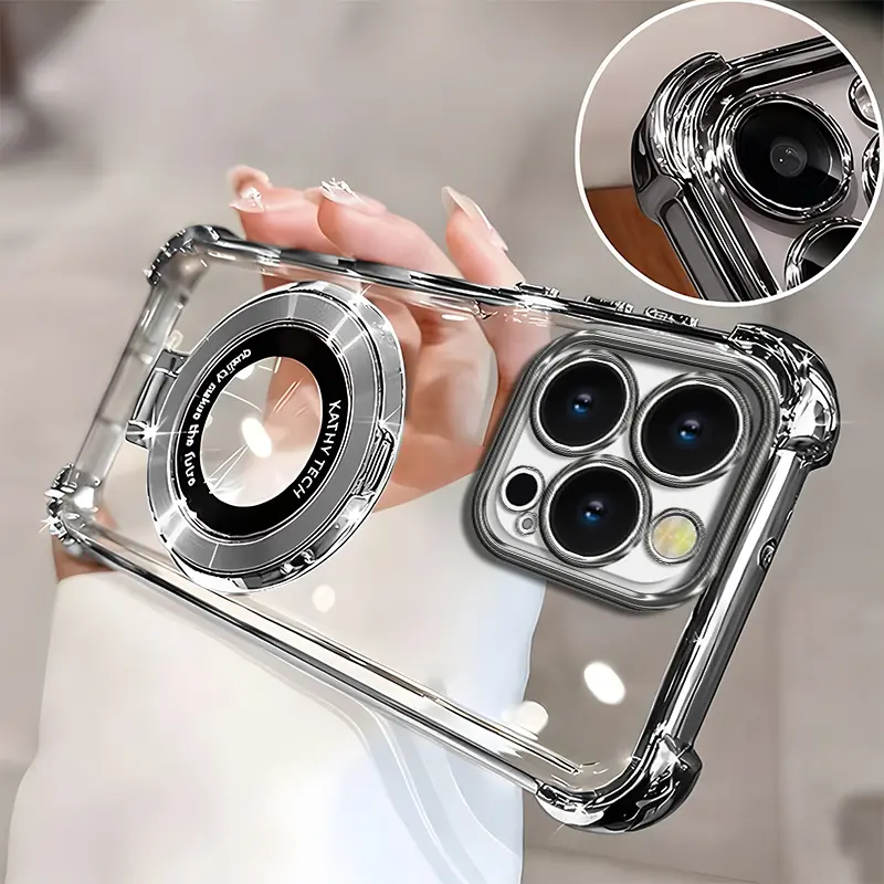 Suitable for [iPhone 15 Pro] high-end phone case🥰, Electroplated Luxury Clear Phone Case with Ring Stand Holder 4-Corner Shockproof Camera Protective Cover 952