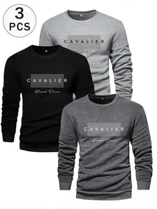 Men's 3-Pack Cavalier Graphic Long Sleeve T-Shirt, Fitted Round Neck Cotton Blend Fabric Pullover, Casual Fall Winter Layering, Daily Wear, Fitness, Urban Style, Clothes, Tops