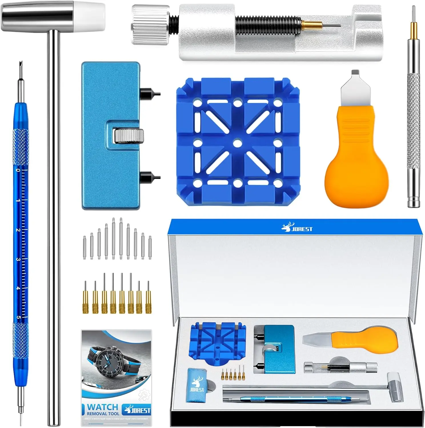 Summerfinds Jorest Portable Hardware Tool Accessories Repair Toolkit for Watch Battery Replacement, Strap Adjustment Resizing, Link Pin Removal, Case & Back Opening with Pry Knife, Hammer, Spring Bars