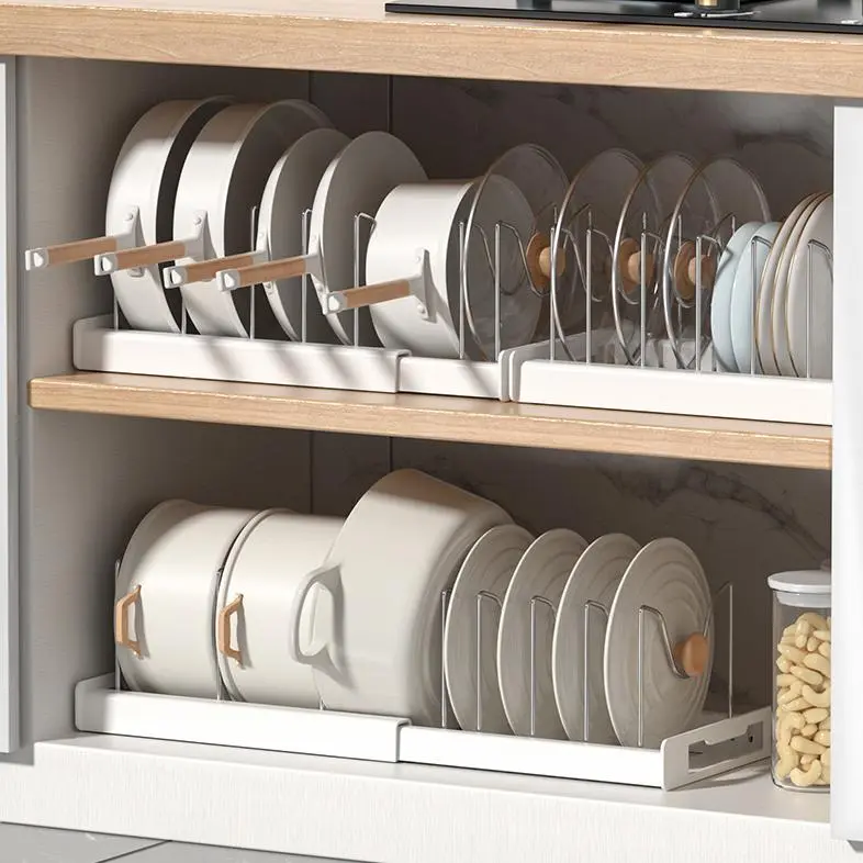 Expandable  Organizer Rack for Cabinet, Pot Lid Organizer Holder with 7 Stainless Steel Adjustable Dividers for Kitchen Cabinet Organizer and Storage