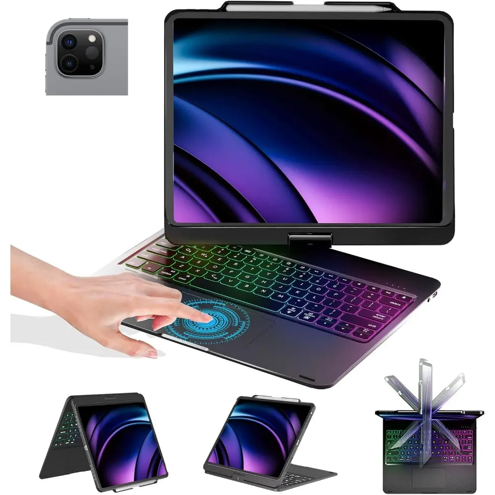 Keyboard Case for iPad Air 13 inch M3/M2, iPad Pro 13 M5/M4, iPad Pro 12.9 6th/5th/4th/3rd Gen - 360° Rotatable, Toupad, Backlit, Pencil Charging, Black