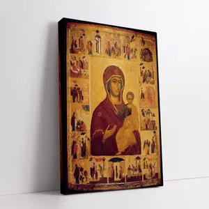 Sacred Greek Icon Depicting the Virgin Mary and Jesus Canvas Art - Suitable for Living Room or Bedroom Framed Religious Decoration, Size 29.97X 39.88cm
