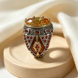 Multi Prong Large Oval Citrine Color Synthetic CZ With Gold Beaded Frame, Vintage Turkish Red Enamel Inlaid Square & Round Red CZ Embossed Floral Statement Cocktail Ring, Unisex Retro Jewelry Gift For Men Women