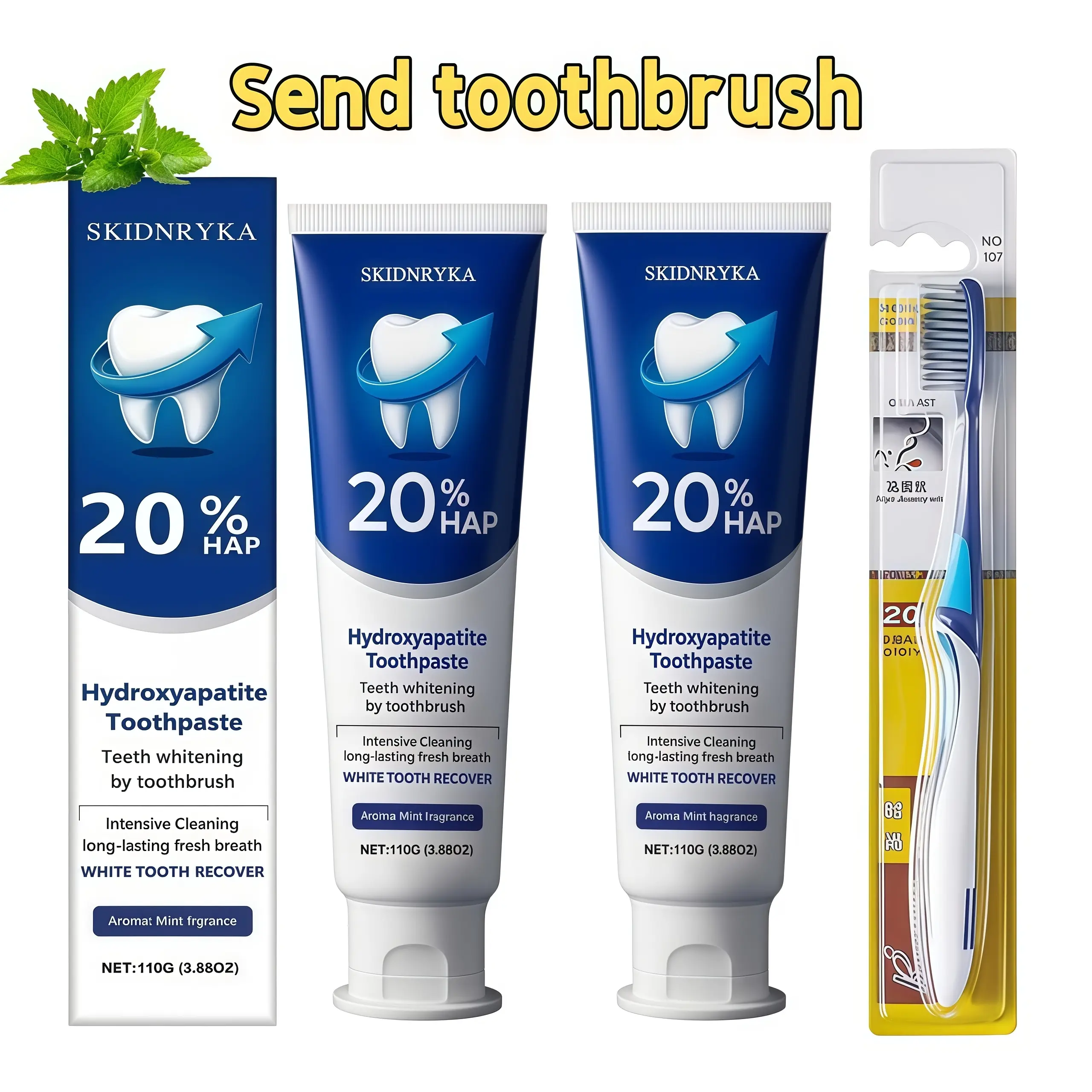 20% Hydroxyapatite Whitening Toothpaste — Deep cleaning for a brighter smile and fresh breath; ideal for daily oral care and health; travel-size portable pack; toothbrush set; great gift; unisex; includes a free toothbrush