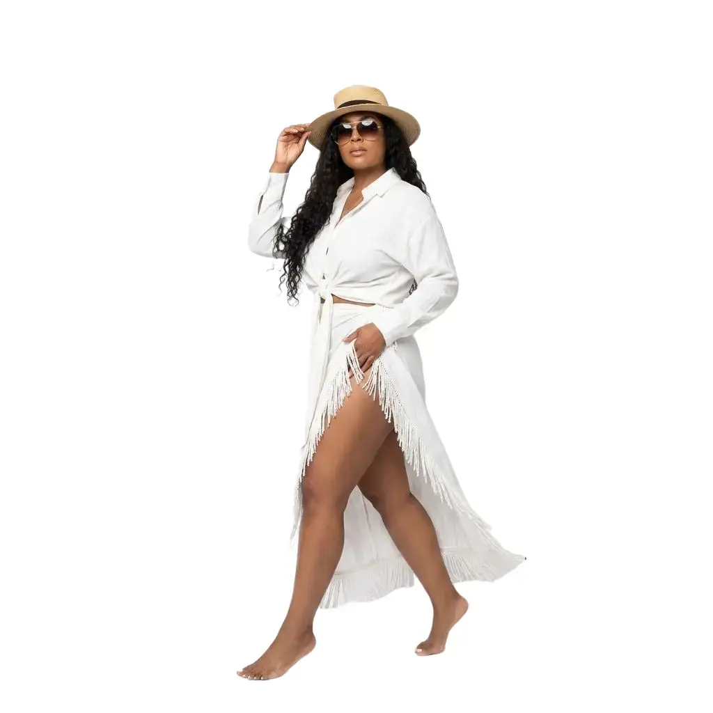 Women's 2-Piece Fringe Sarong Beach Cover Up, Boho Style Vacation Outfit for Beach Glow, White