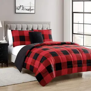 Burgundy Buffalo Check Plaid Reversible Comforter Set with 2 Shams & Throw Pillow - Full/Queen