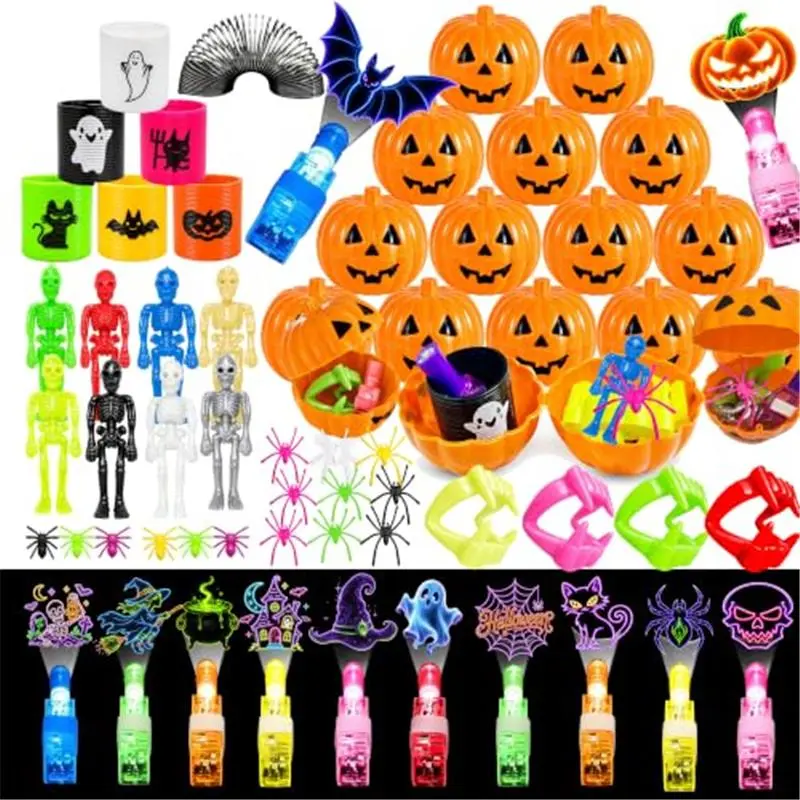 144PCS Halloween Party Favors Set, 24 Prefilled Pumpkin Buckets | Ready-Filled Pumpkin Buckets with Skeletons, Springs, Fangs, Finger Lights and Spider Mix for Fast Halloween Party Setup