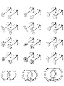 Cute Star & Heart Shaped Earrings Set, Artificial Gemstone Earrings, Stainless Steel Flat Back Earrings, Hypoallergenic 20g Screw Back Nap Stack Cartilage Earring Stacks, Pretty Studs, Flat Pierced Jewelry, Hypoallergenic Post Earrings