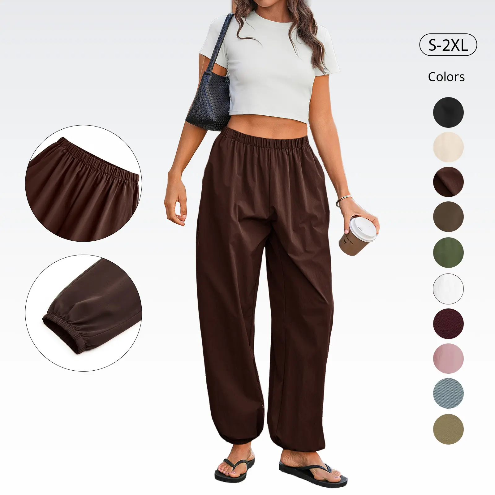 Tankaneo Womens Balloon Pants Trendy Casual Elastic Waist Wide Leg Harem Pants Baggy Pleated Lantern Trousers