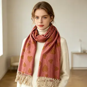 Women’s Heart Printed Fringe Oversized Lightweight Winter Scarf - Soft, Cozy, Warm Pashmina-Style Shawl Wrap for Daily Wear, Oversized Lightweight Scarves