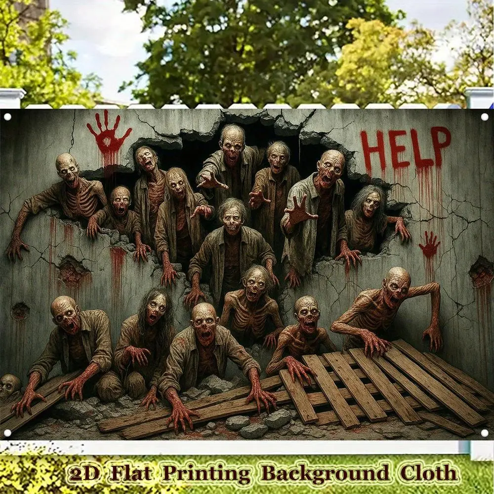 1-Piece Polyester 2D Flat Spooky Halloween Banner - Printed Zombie Breakout Horror Art, Halloween Decorations, Gothic Party Backdrop for Skeleton+Clown+Witch Photography, Haunted House Ambiance, Birthday Use