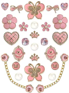 26pcs Gold Sparkle Resin Shoe Buckles, Butterfly Heart Crown Chain DIY Shoe Decorations, Hole-In-Shoe Accessories, Shoe Charms, Shoe Charms Set
