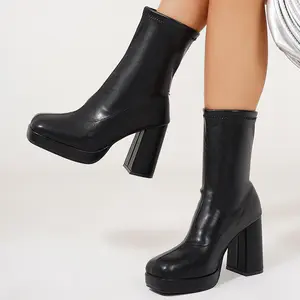 Women's High-Heel Boots Platform Ankle Boots Chunky Heel Elastic Top Booties for Edgy Fashion Lovers
