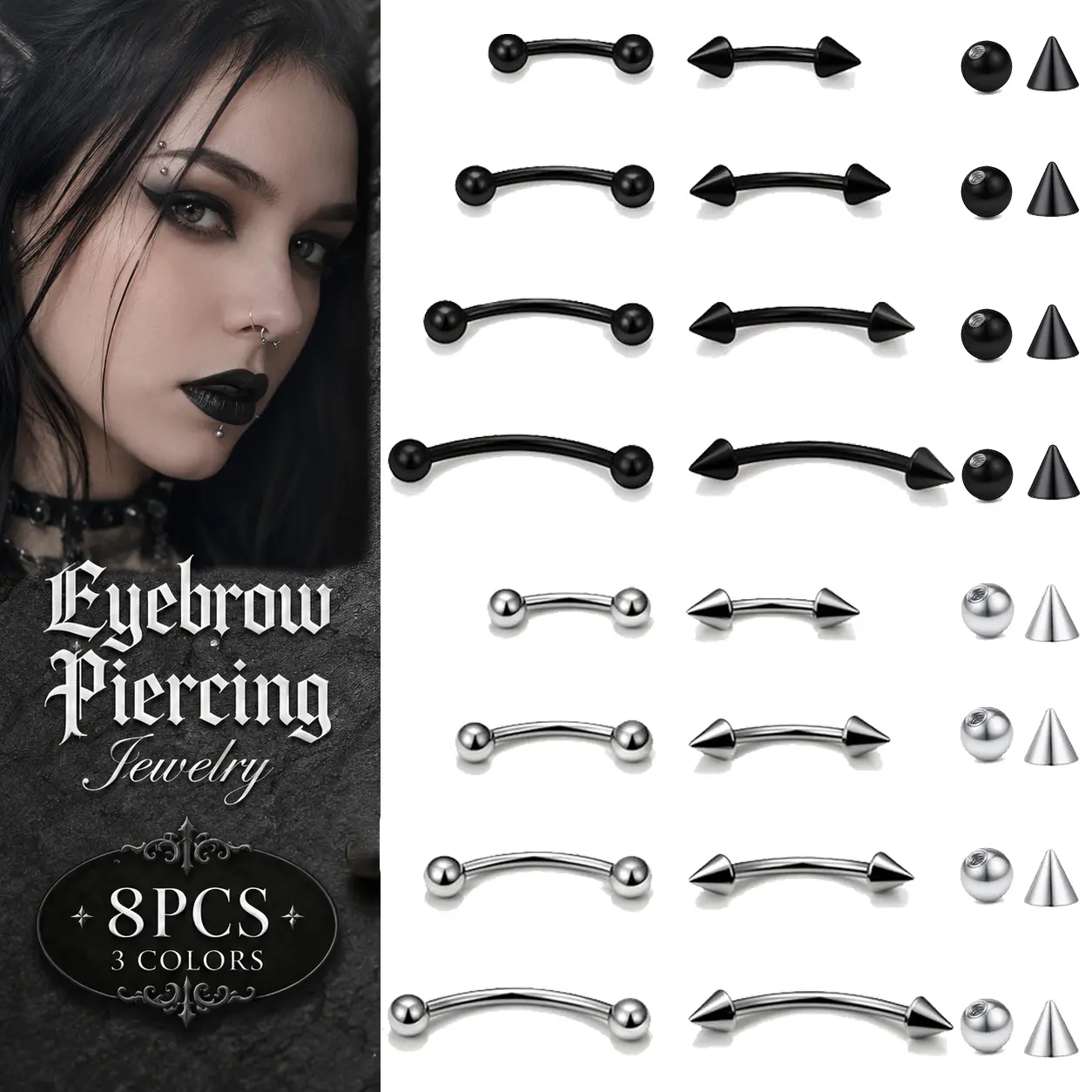 8Pcs Eyebrow Piercing Jewelry Surgical Steel Curved Barbell Tiny Eyebrow Ring Vertical Labret Lip Jewelry Ear Rook Navel Small Belly Button Ring for Women Men 16G 6mm/8mm/10mm/12mm