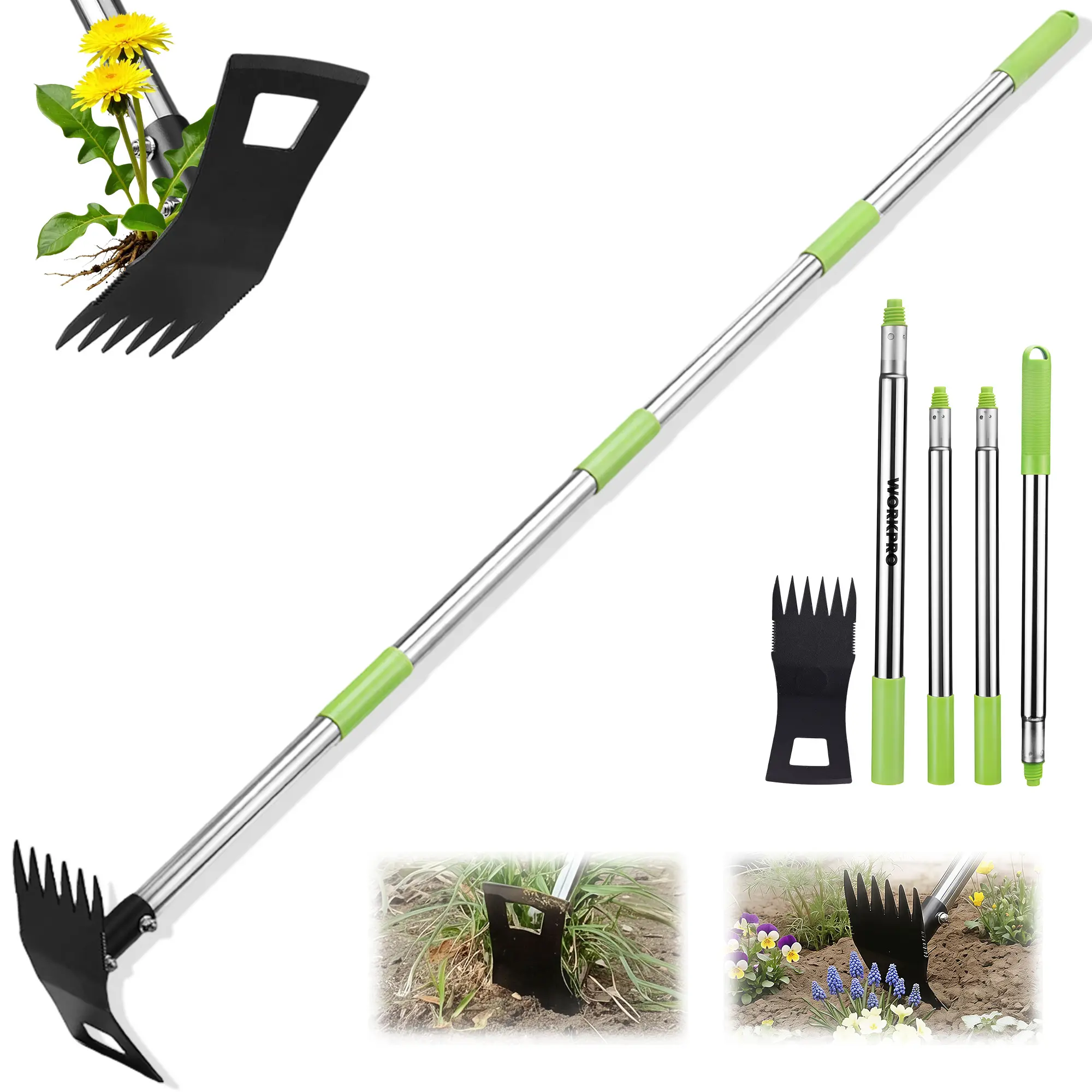 WORKPRO Weed Puller Tool with Long Handle – 2-in-1 Garden Hoe & Weed Rake, 29"-56" Adjustable Manual Weeding Tool, Uprooting Weed Remover Gardening Weeder Tools for Yard, Lawn, Patio and Garden