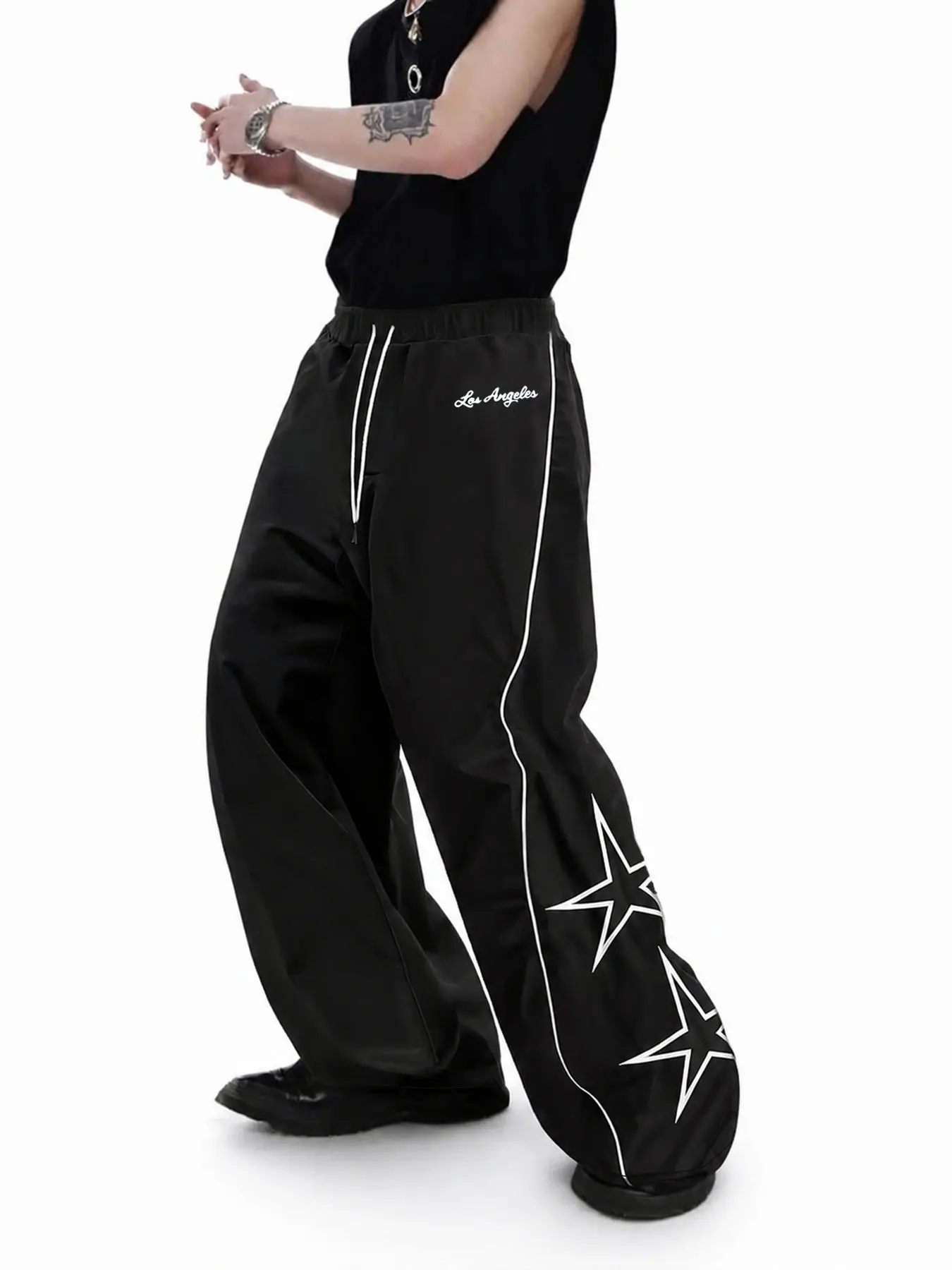 Men's Stylish Casual Menswear Star Print Wide-Leg Track Pants - "Los Angeles" Lettering, Contrast Piping, Elastic Drawstring, Loose Streetwear Clothes, Sneakers