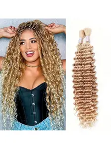 Women's curly hair extensions, real human hair, wet look wavy human hair, for braiding, no weft, deep wave loose human hair, color #27, suitable for bohemian braids and wet look wavy hair bundles, 2 bundles of curly human hair.