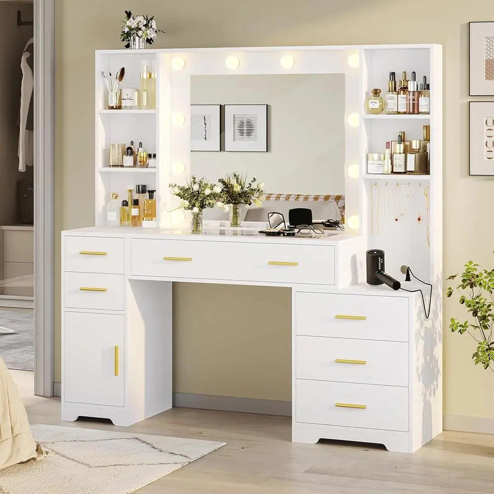 SIKAIC Rectangular Sturdy Makeup Vanity Desk with Lighted LED Mirror, Glass Top Dressing Table with 8 Drawers, Built-in Storage Compartments, Stable Stool Set, Vanity with Lights for Bedroom (Assembly Required), Modern