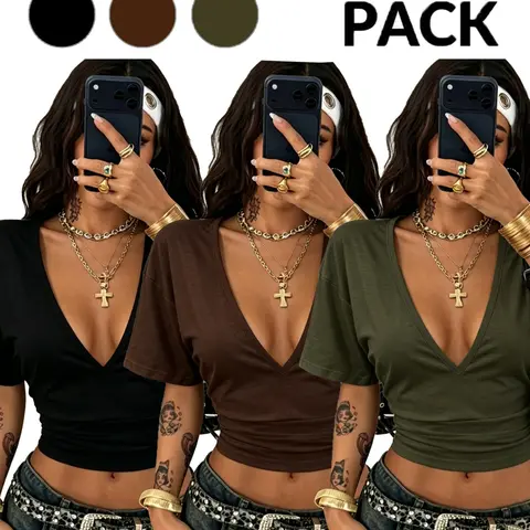 3-Pack Women's Deep V-Neck Ruched Waist Cropped T-Shirts, Short Sleeve Summer Tops, Casual Summer Chic, with Body-Flattering Design for Casual Outings and Everyday Wear
