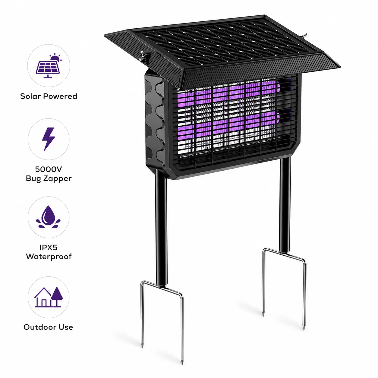 Outdoor Solar Bug Zapper - UV Lamp with Garden Stake, Smart Auto Sensor, IPX5 Waterproof, Overnight Bug Guard, USB Backup Charge, Versatile Insect-Control Device for Patio, Camping, Fishing