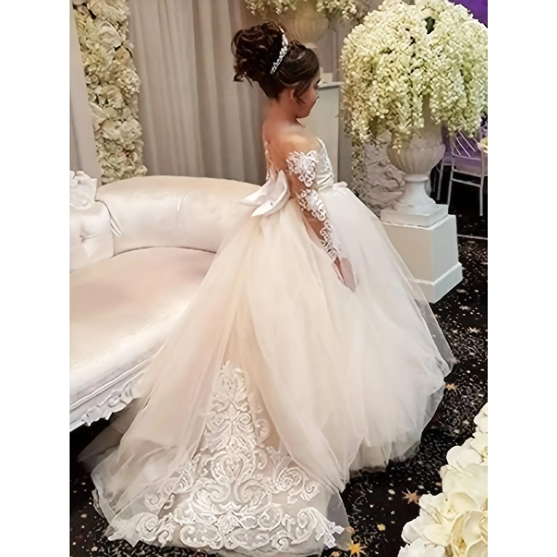 1 Piece Girl's 9/16 Sleeve Puff Sleeve Princess Dress with Big Bow, Elegant Long Sheer Wedding Jumpsuit, Suitable for Teenagers, 12 Years and Under, A-Line Silhouette, Polyester Fiber, Dry Clean Only, Perfect for Performances and Special Occasions