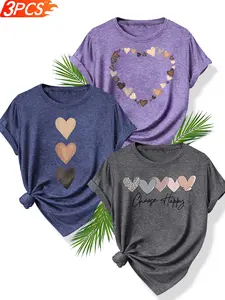 3Pcs Women's Crew Neck T-Shirts, Earth Tone Heart Series Print, Multiple Colors Available, Machine Washable, Spring & Summer Casual Tops, Soft Skin-Friendly Fabric, Daily Versatile, Fashion Design, Womenswear