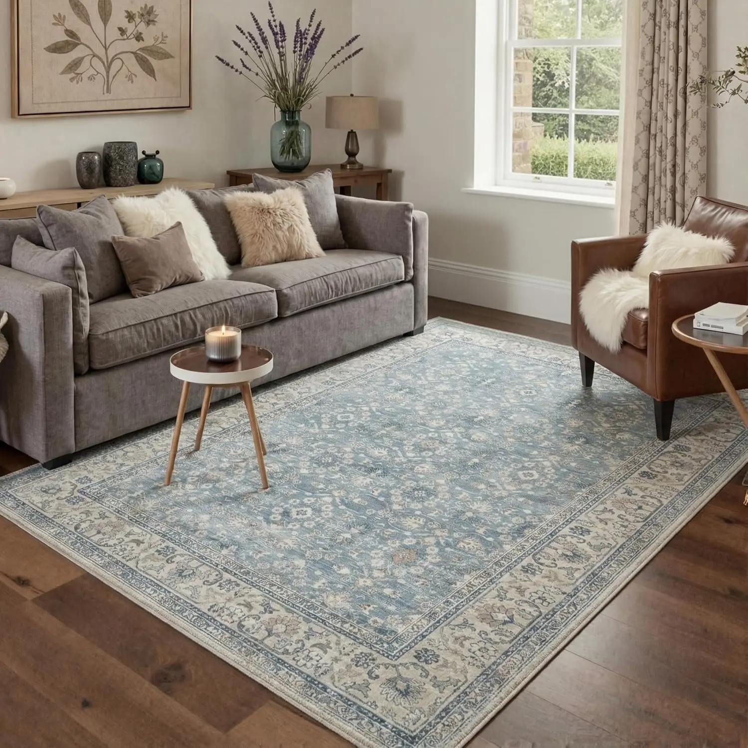 【Back To School】GENIMO Area Rugs for Living Room Machine Washable Non Slip Low Pile Vintage Floral Print Rugs, Lightweight Indoor Floor Rug for Bedroom Dining Room Home Decor, Full Coverage Persian Style Light Blue