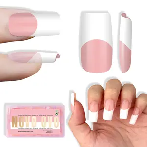 NOVO OVO Old School Retro French Tips Nails Press on, Medium Length Tapered Square BABY PINK, Extra Thick Soft Gel Fake Acrylic Extension, Need Builder Gel, Top Coat, Glue 15 Sizes 240 pcs