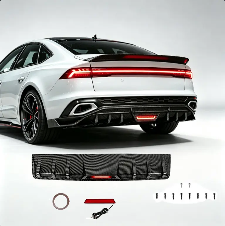 Universal Fit Rear Bumper Diffuser Lip with LED Tail Brake Stop Light, Shark Fin Spoiler Splitter for Car Modifications (diffuser + lights)